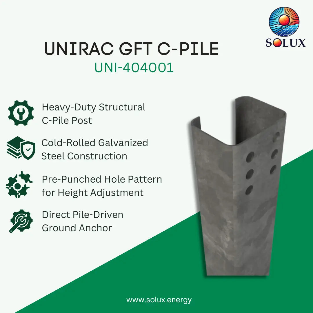 A promotional product graphic for a Solux UNIRAC GFT C-PILE post, model UNI-404001. The image features a dark gray, cold-rolled galvanized steel pile with pre-drilled holes on a split white and green background, accompanied by text detailing its structural and construction features.